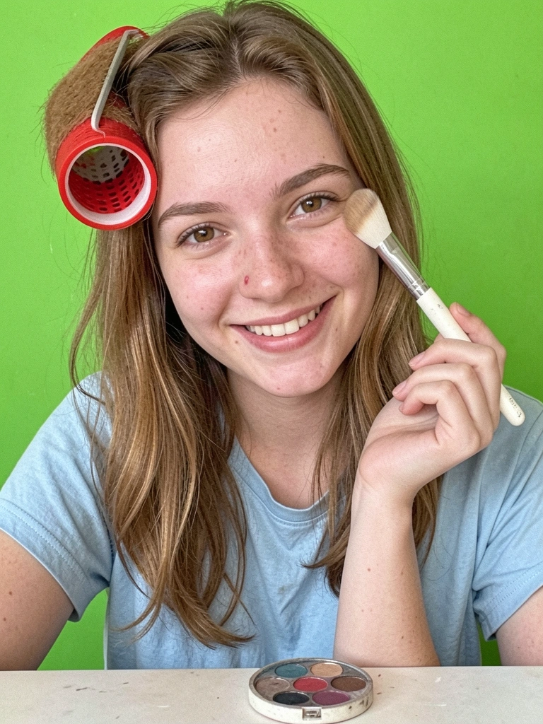 Criança com cabelo cacheado decorado com casquinha de EVA no topo e pompons coloridos presos nos cachos.