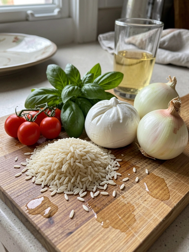 Ingredientes sobre bancada de cozinha: arroz arbóreo, tomate cereja, muçarela de búfala, manjericão, cebola e vinho branco.
