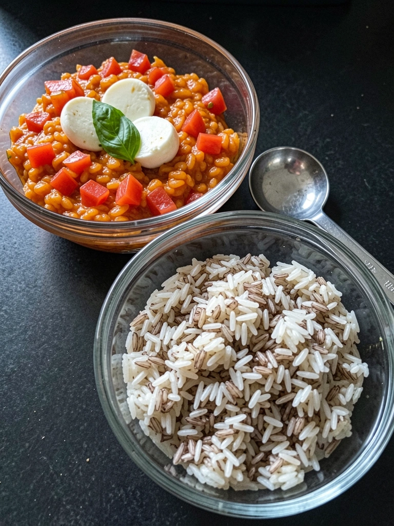 Duas tigelas de vidro com arroz cru e uma colher medidora sobre uma superfície clara.
