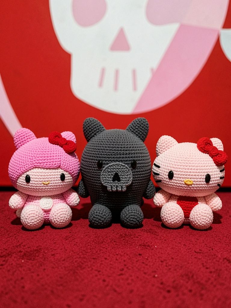 Régua de cozinha com maçãs vermelhas ao lado de uma figura da Hello Kitty sobre fundo rosa claro.