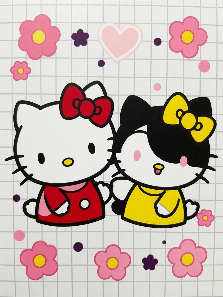 Hello Kitty e Mimmy lado a lado, com laços vermelho e amarelo, fundo de parede xadrez.