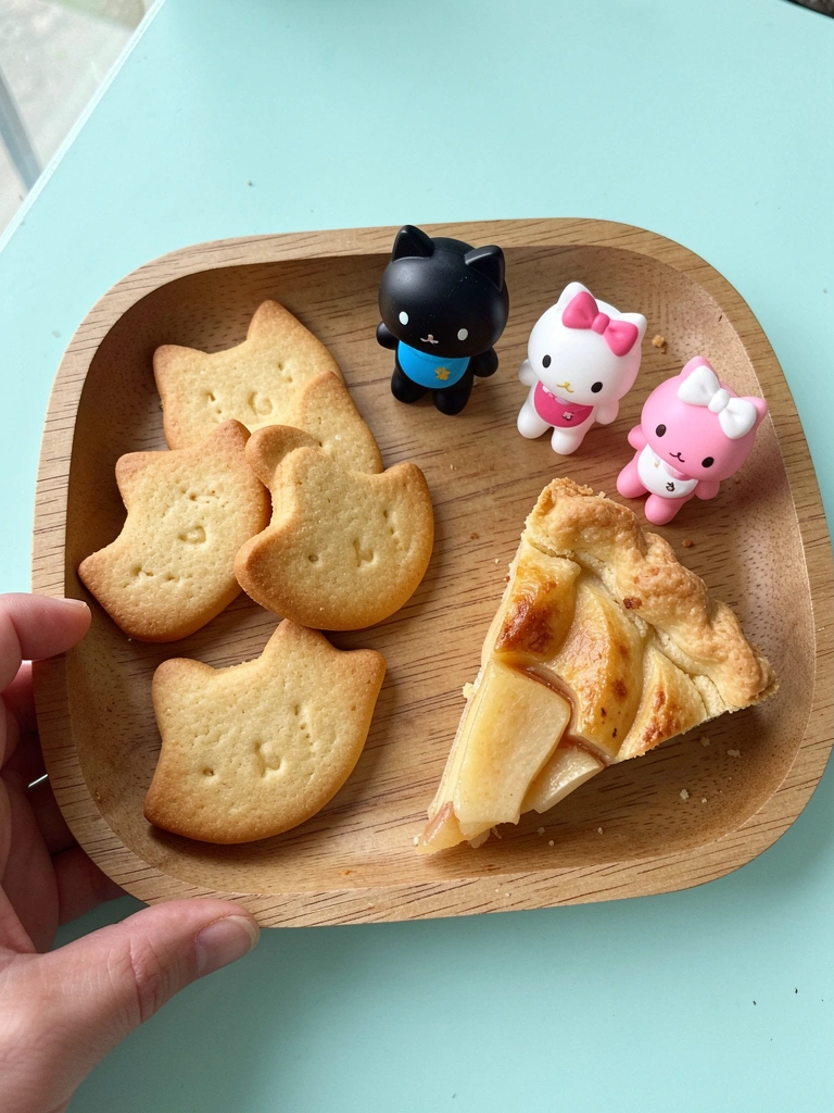 Bandeja com biscoitos em formato de gato e torta de maçã fatiada, ao lado de miniaturas decorativas.