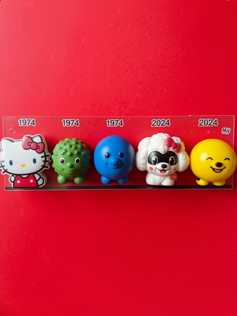 Linha do tempo com desenhos da Hello Kitty desde 1974 até 2024 sobre fundo vermelho.