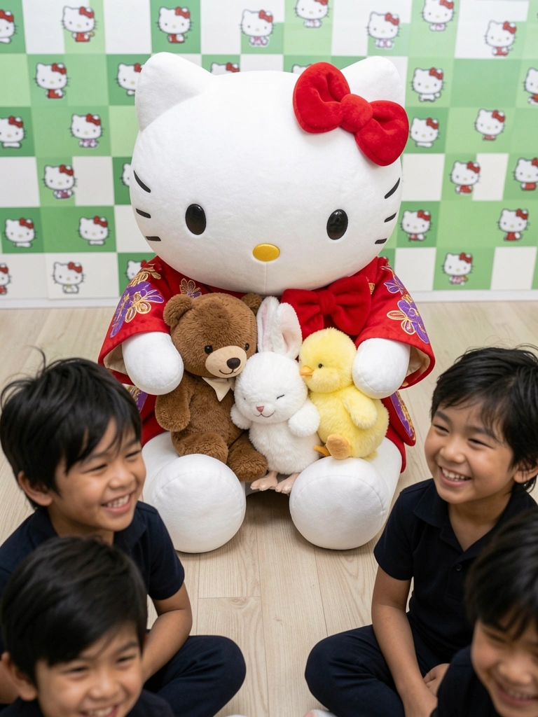 Hello Kitty abraçando vários amigos animais, todos sorrindo, fundo colorido