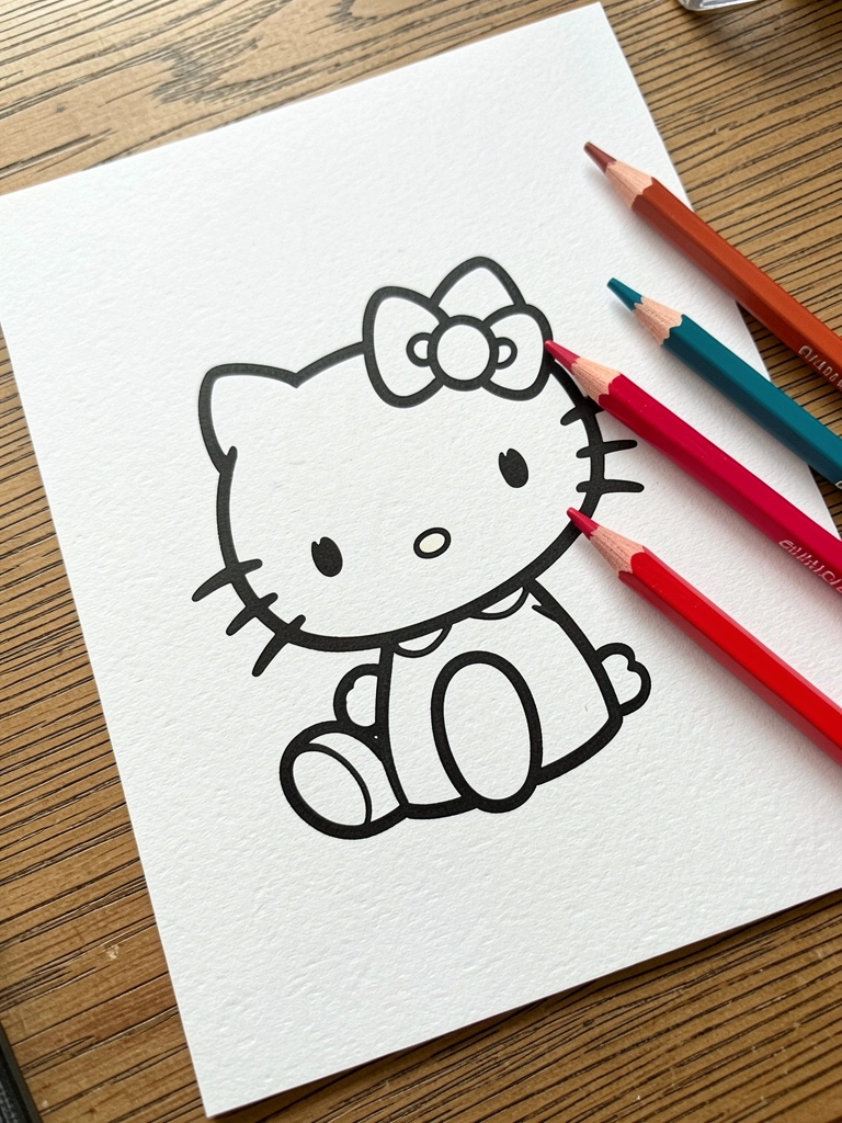 Desenho em preto e branco da Hello Kitty com laço, lápis de cor ao lado.