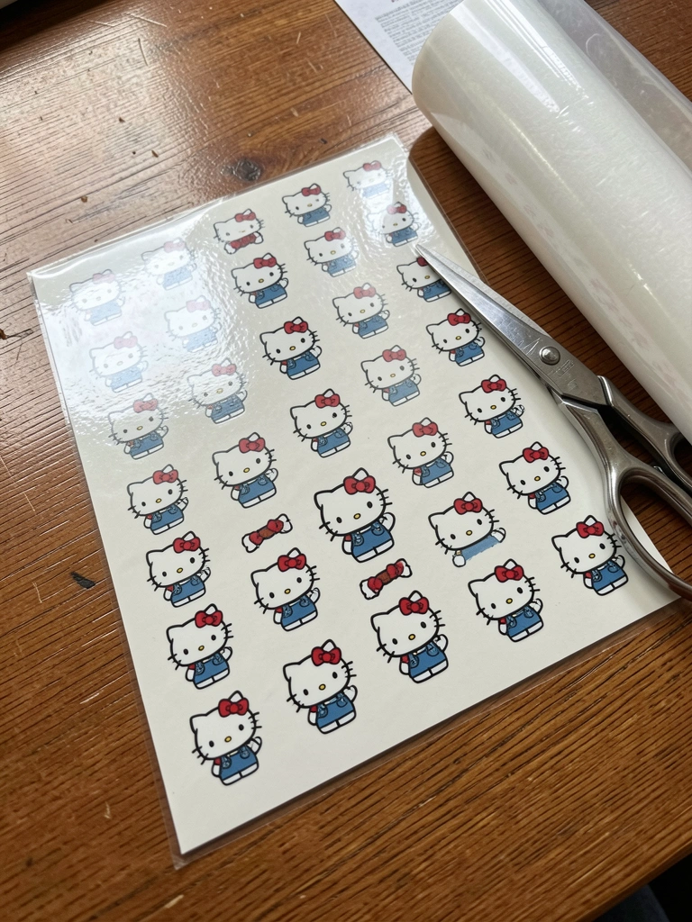 Folha de adesivos da Hello Kitty sobre uma mesa, com tesoura e papel contact ao lado.