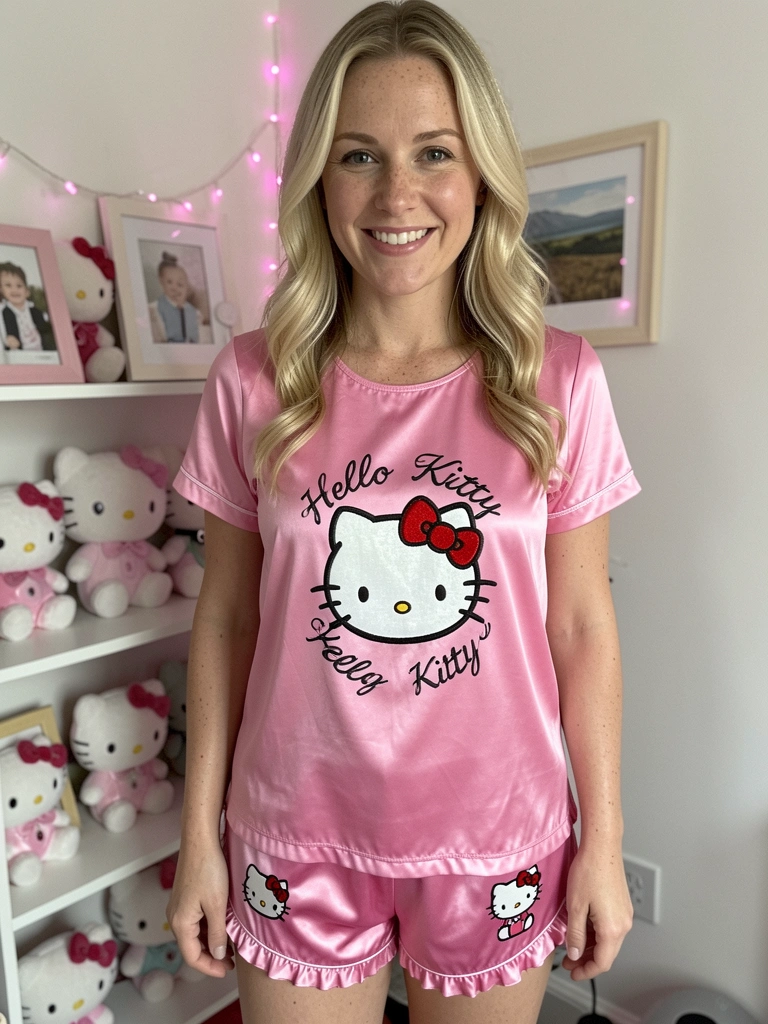 Prateleira com pelúcias e quadros da Hello Kitty decorada com luzinhas pisca-pisca rosa.