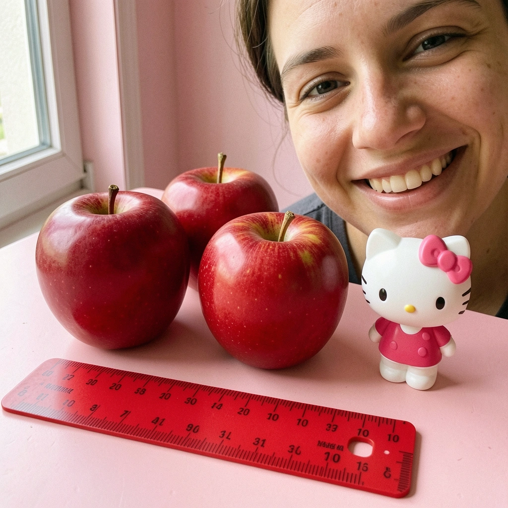 Régua de cozinha com maçãs vermelhas ao lado de uma figura da Hello Kitty sobre fundo rosa claro.