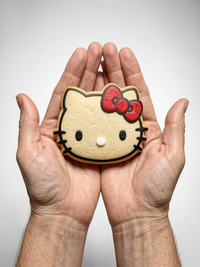Close no rosto da Hello Kitty, laço vermelho na orelha esquerda, sem boca.