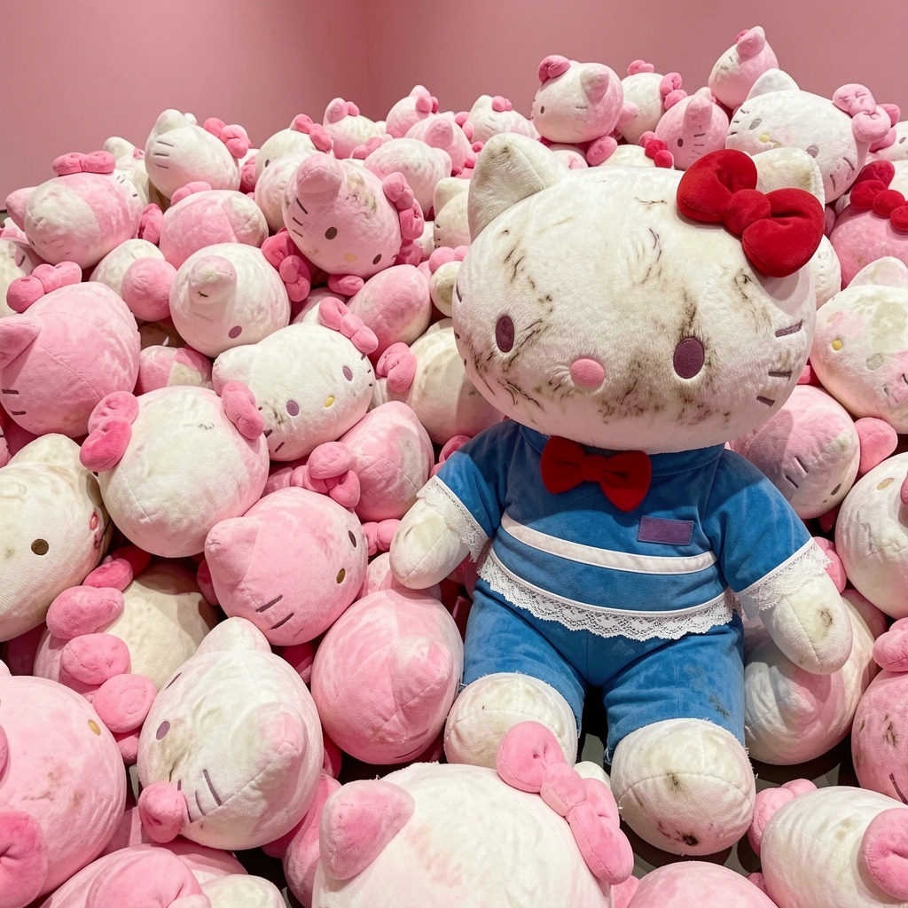 Hello Kitty sentada em um banco, tocando um piano de cauda branco com partitura sobre o teclado.