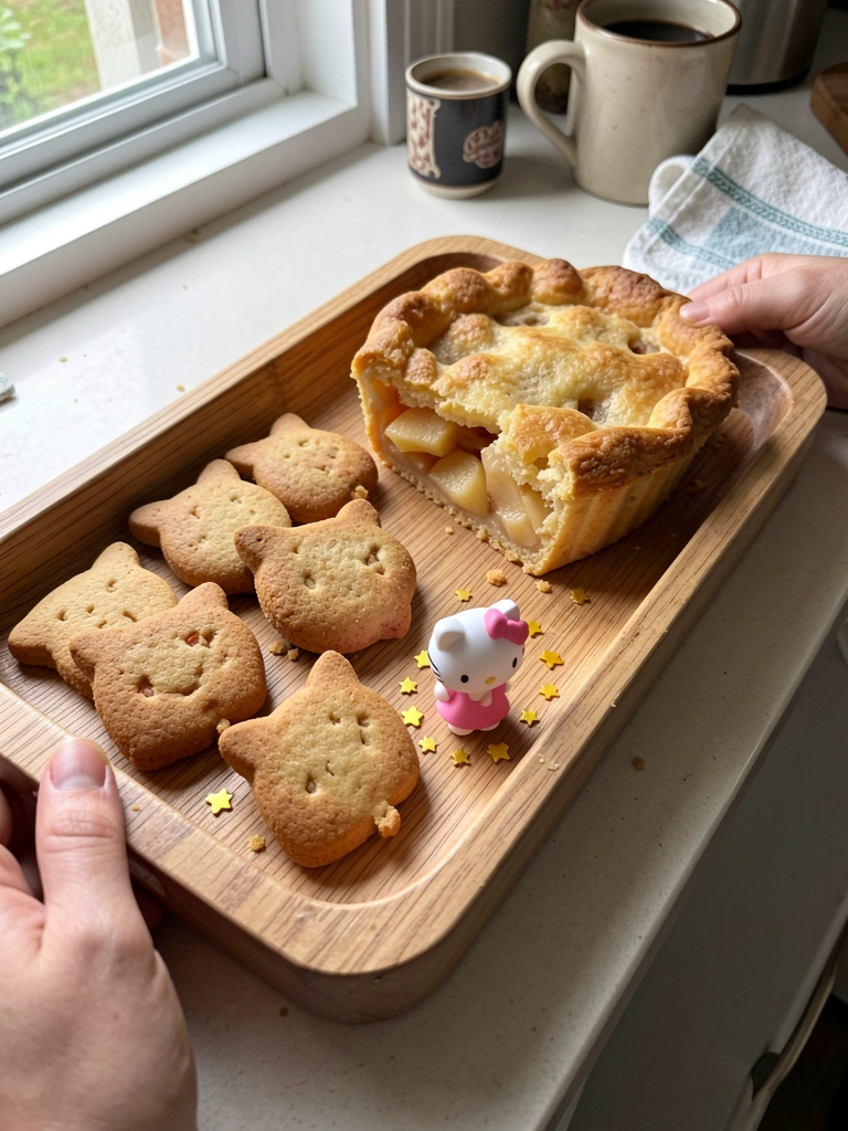 Bandeja com biscoitos em formato de gato e fatias de torta de maçã, ao lado de miniaturas decorativas.