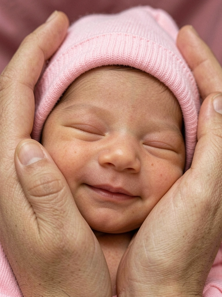 Bebê recém-nascida com touca rosa dormindo, mãos dos pais ao redor do corpo.