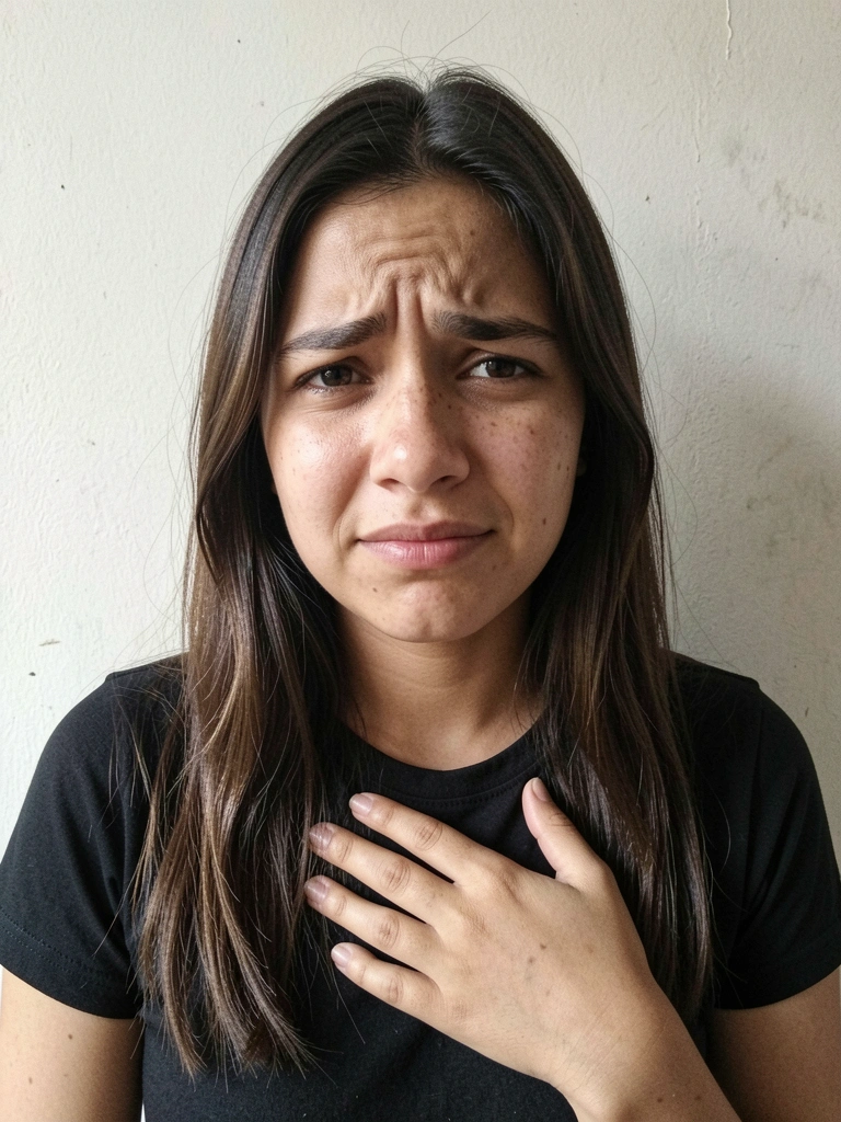 Mulher jovem com a mão no peito e expressão preocupada em fundo neutro.
