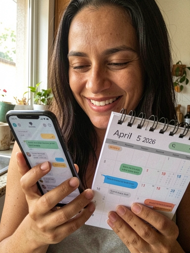 Calendário aberto no dia 5 de abril de 2026 ao lado de um celular com notificações de mensagens na tela.