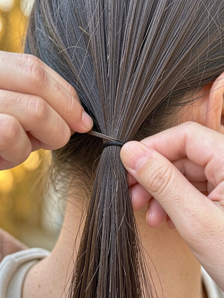 Mão enrolando uma mecha fina de cabelo liso ao redor de um elástico, close-up na nuca.