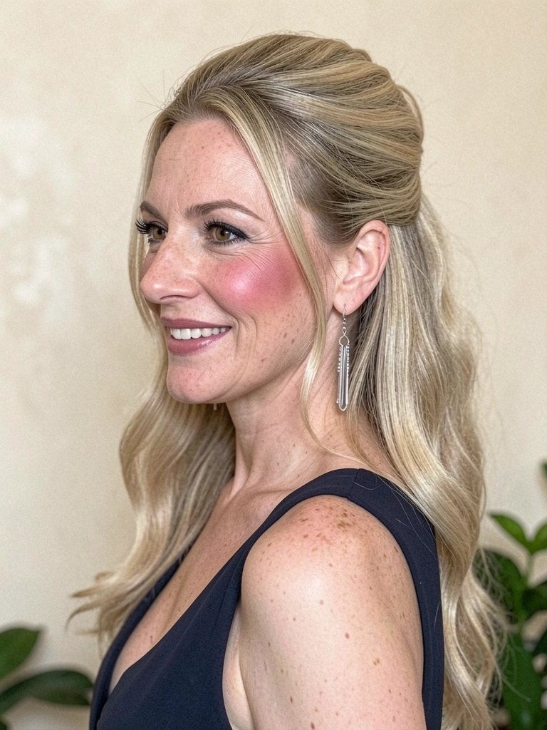 Mulher de perfil com cabelo semipreso liso, leve volume na coroa e fios soltos nas costas.