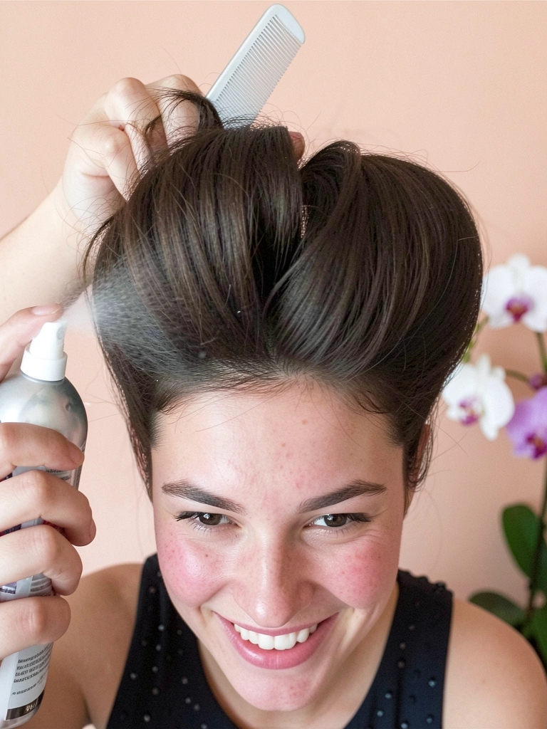 Mão segurando pente fino levantando a raiz do cabelo enquanto aplica spray fixador.