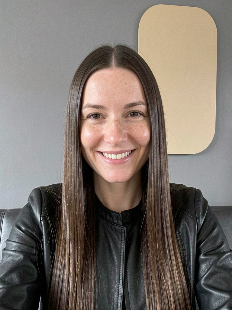 Mulher de cabelo liso com risca central, fios alinhados e brilhantes, olhando para frente.