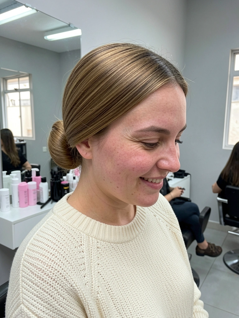 Mulher de perfil com coque baixo liso e firme, fios presos sem pontas soltas.