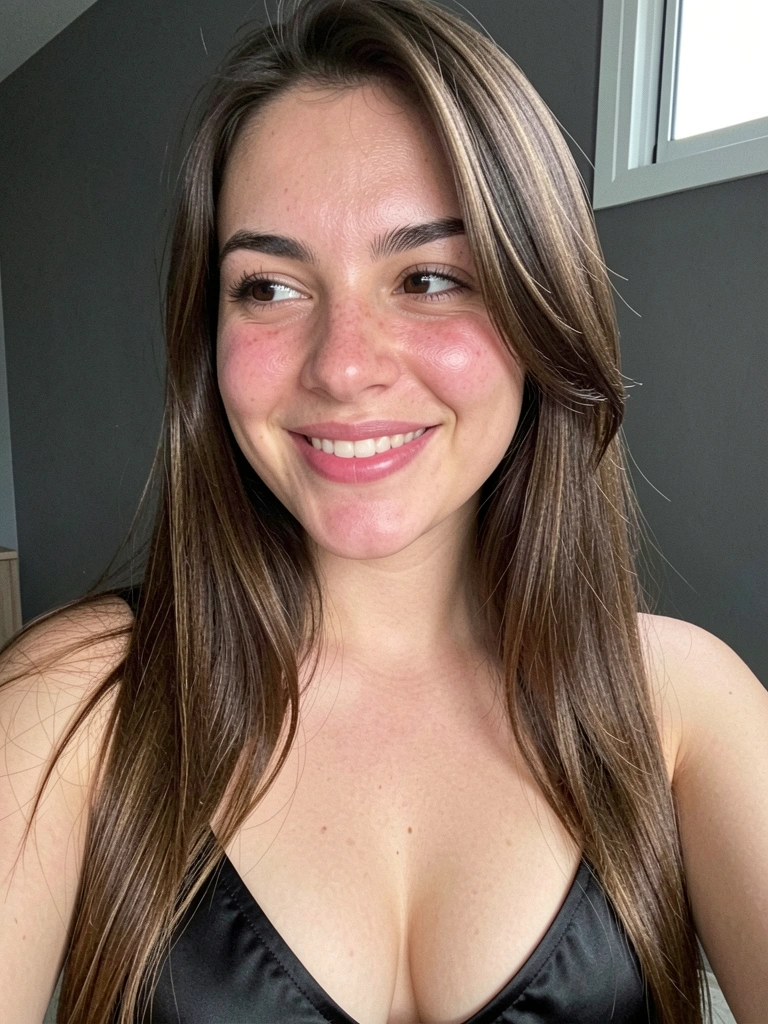 Mulher com franja longa lateral lisa e leve curvatura, cabelo solto, sorrindo.