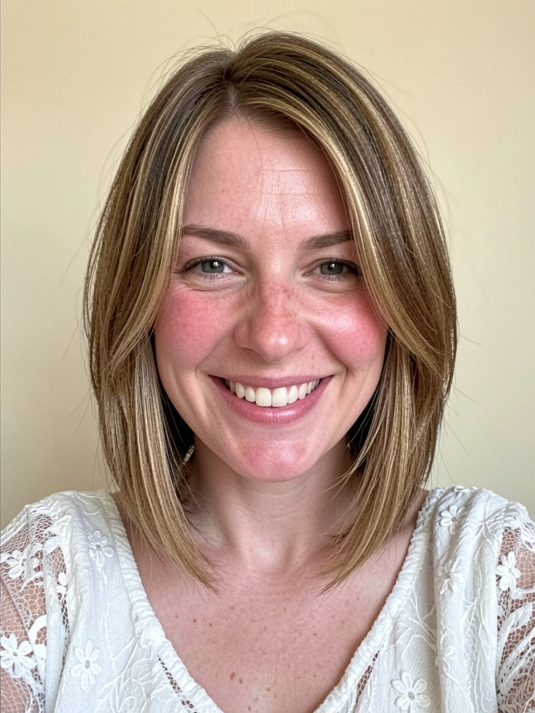 Mulher com cabelo curto liso, risca lateral e pontas alinhadas, sorrindo.