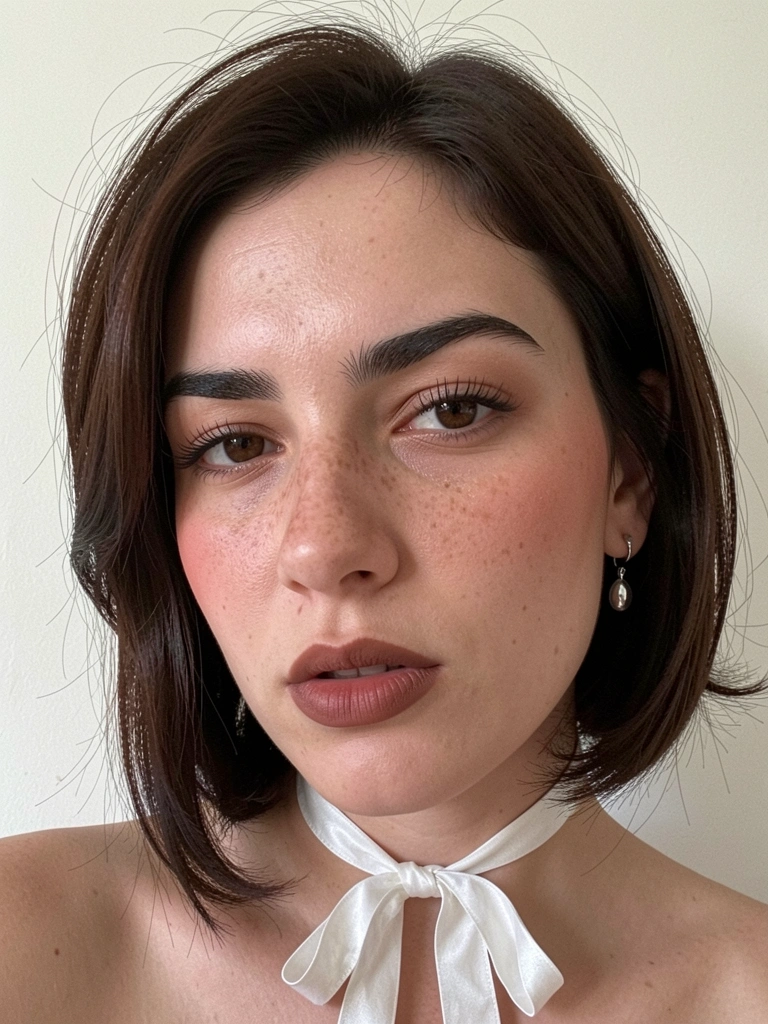 Noiva de véu com coque baixo estruturado e flor no cabelo liso, fundo claro.