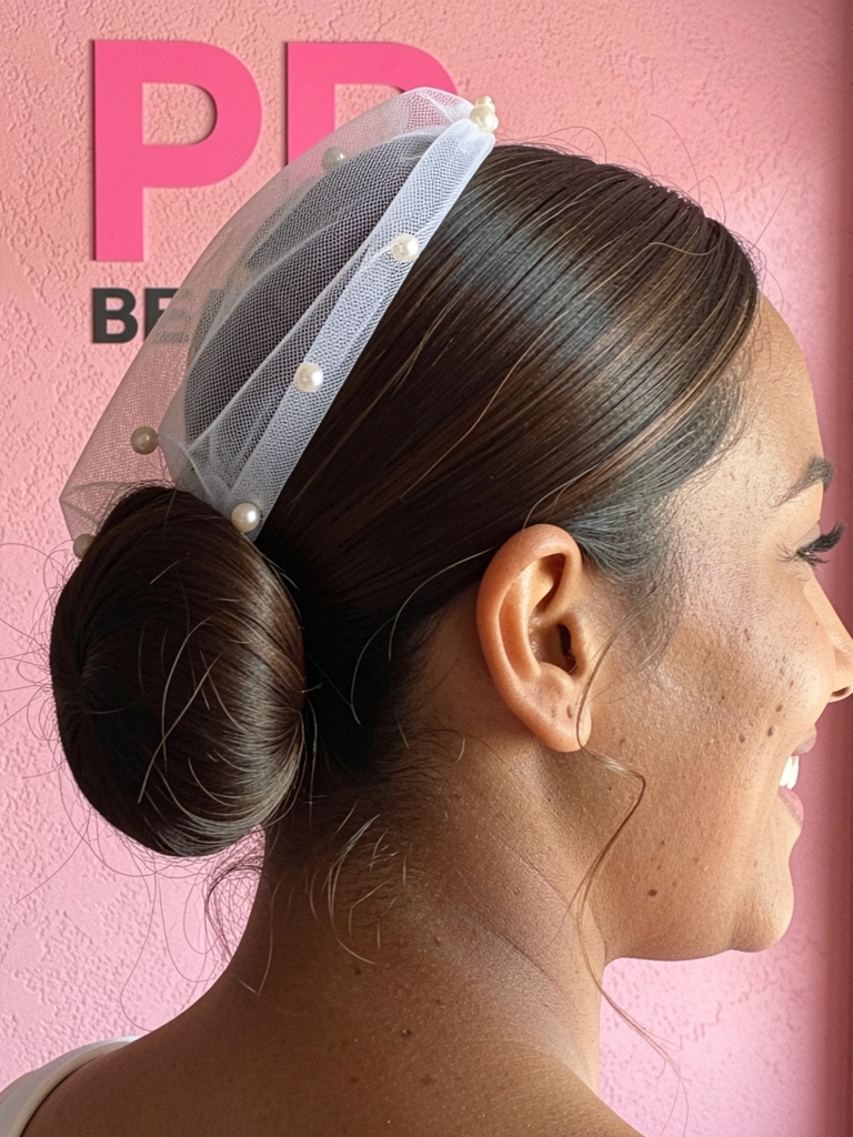 Detalhe da nuca com coque baixo liso, véu preso e pérolas.