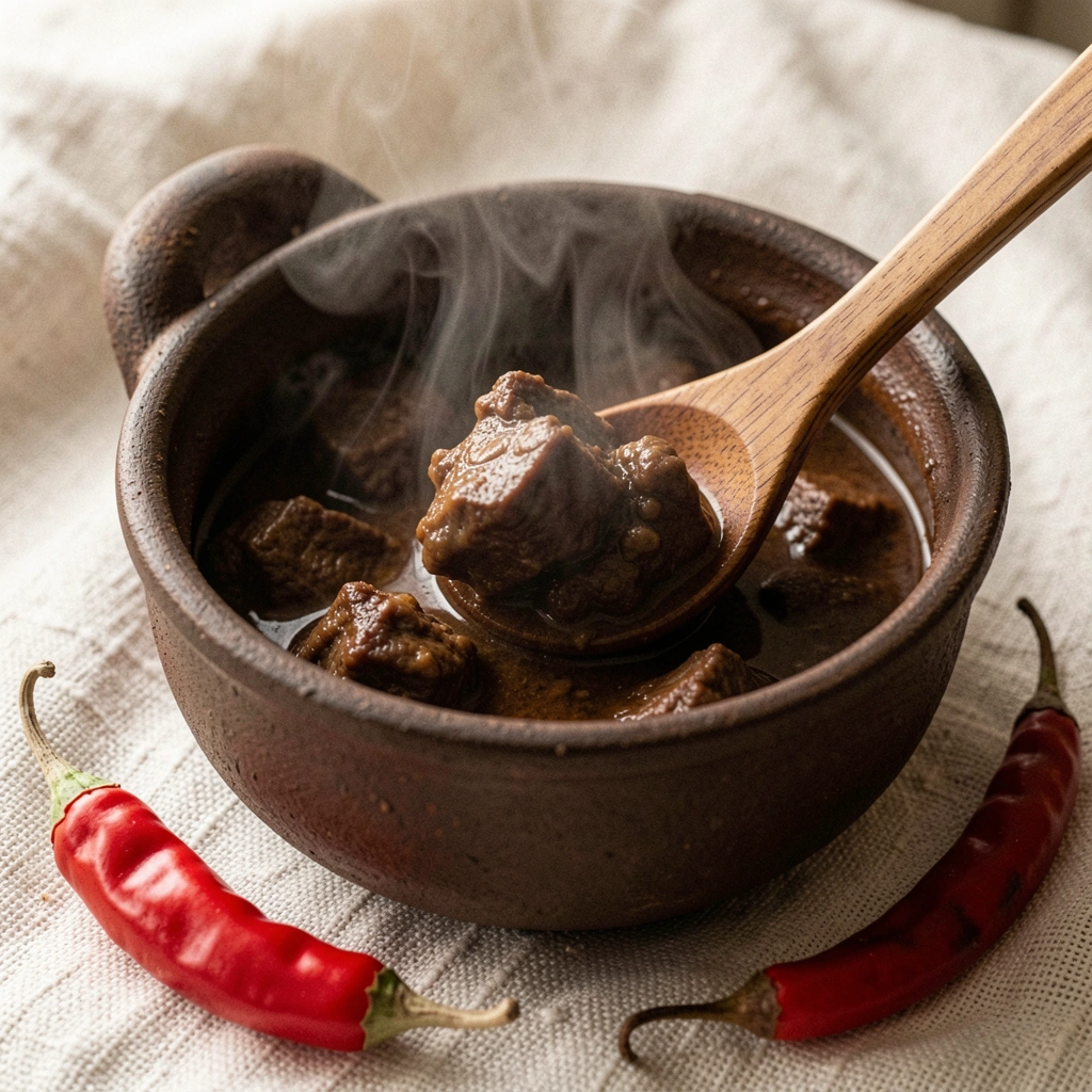 Colher de pau mergulhada em panela de barro com ensopado escuro, vapor subindo.