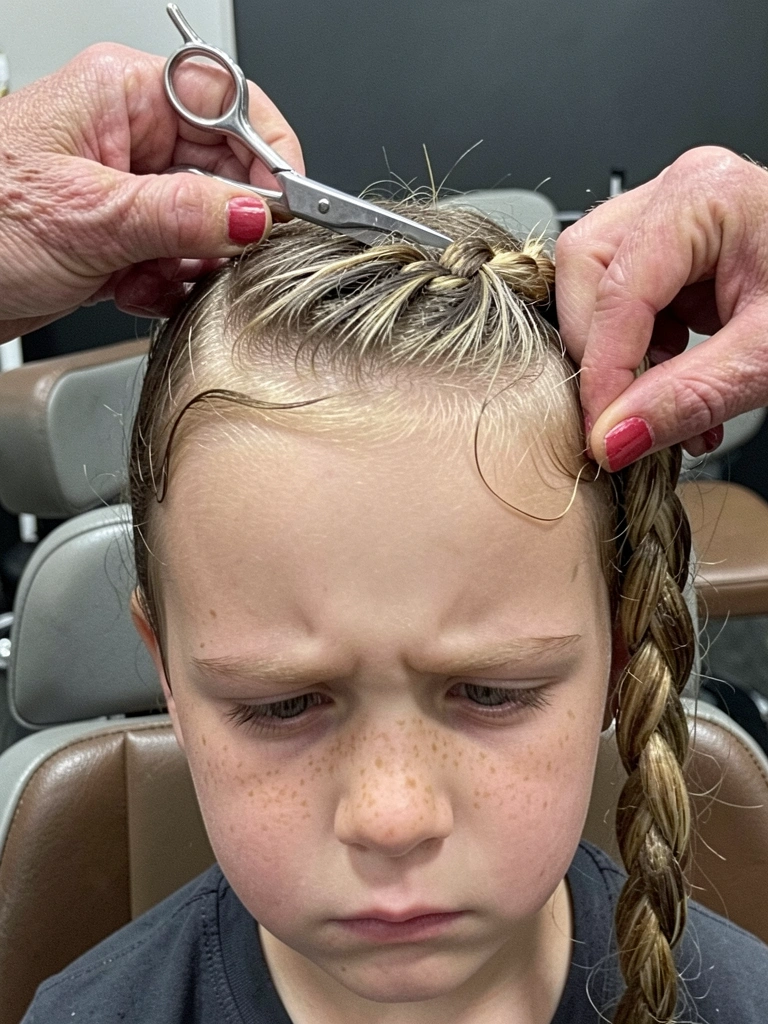Mãos trançando cabelo infantil de baixo para cima, formando uma trança embutida.