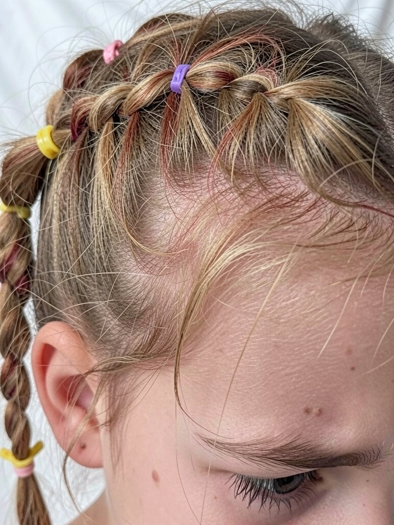 Criança de perfil com cabelo solto e mechas laterais torcidas presas atrás.
