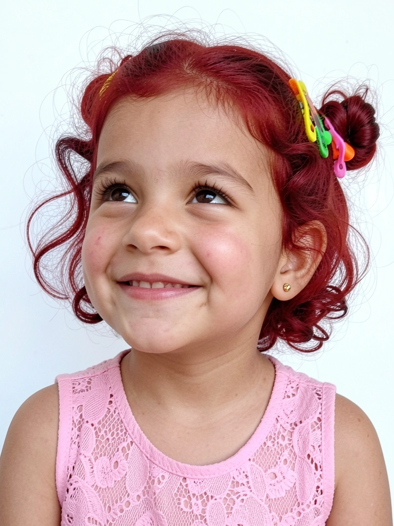 Criança com cabelo curto em pequenos coques com pontinhas soltas.