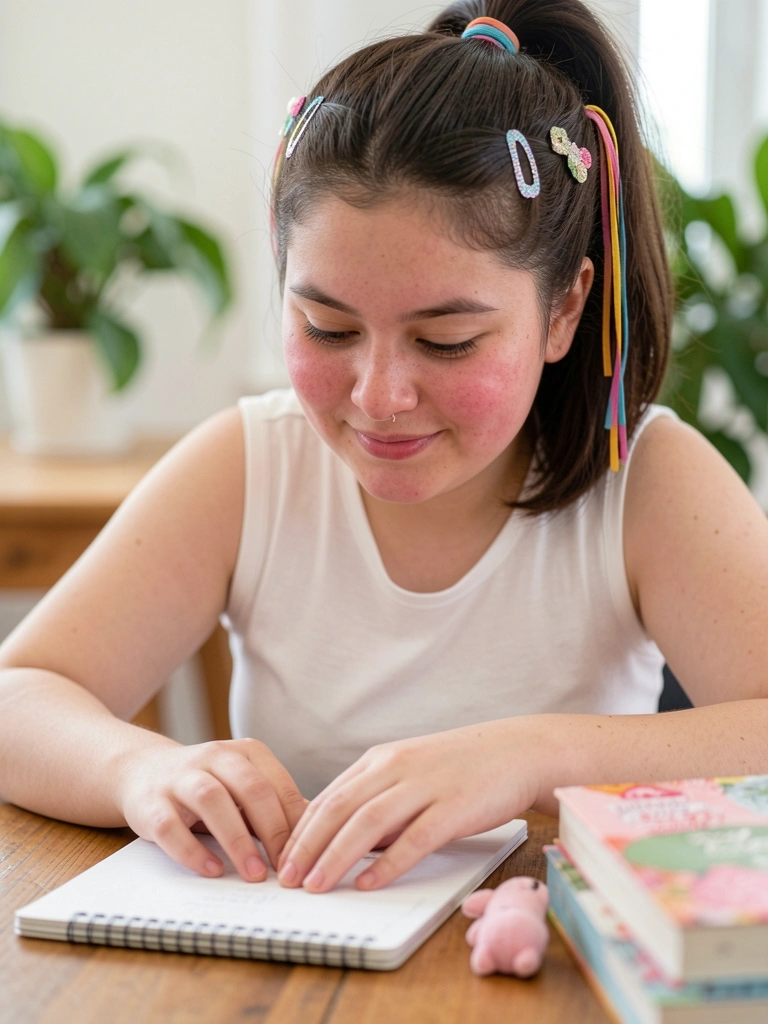 Mulher jovem digitando em notebook com expressão concentrada, pilha de livros ao lado.