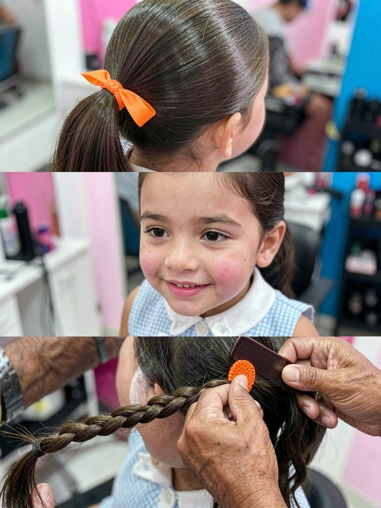 Mãos fazendo trança cascata em cabelo longo, com mechas soltas caindo naturalmente.