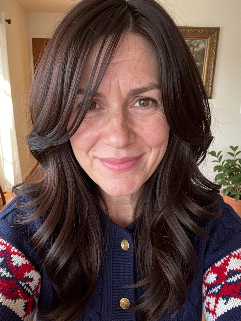 Mulher com cabelo médio em camadas suaves emoldurando o rosto, sorrindo em fundo neutro claro.