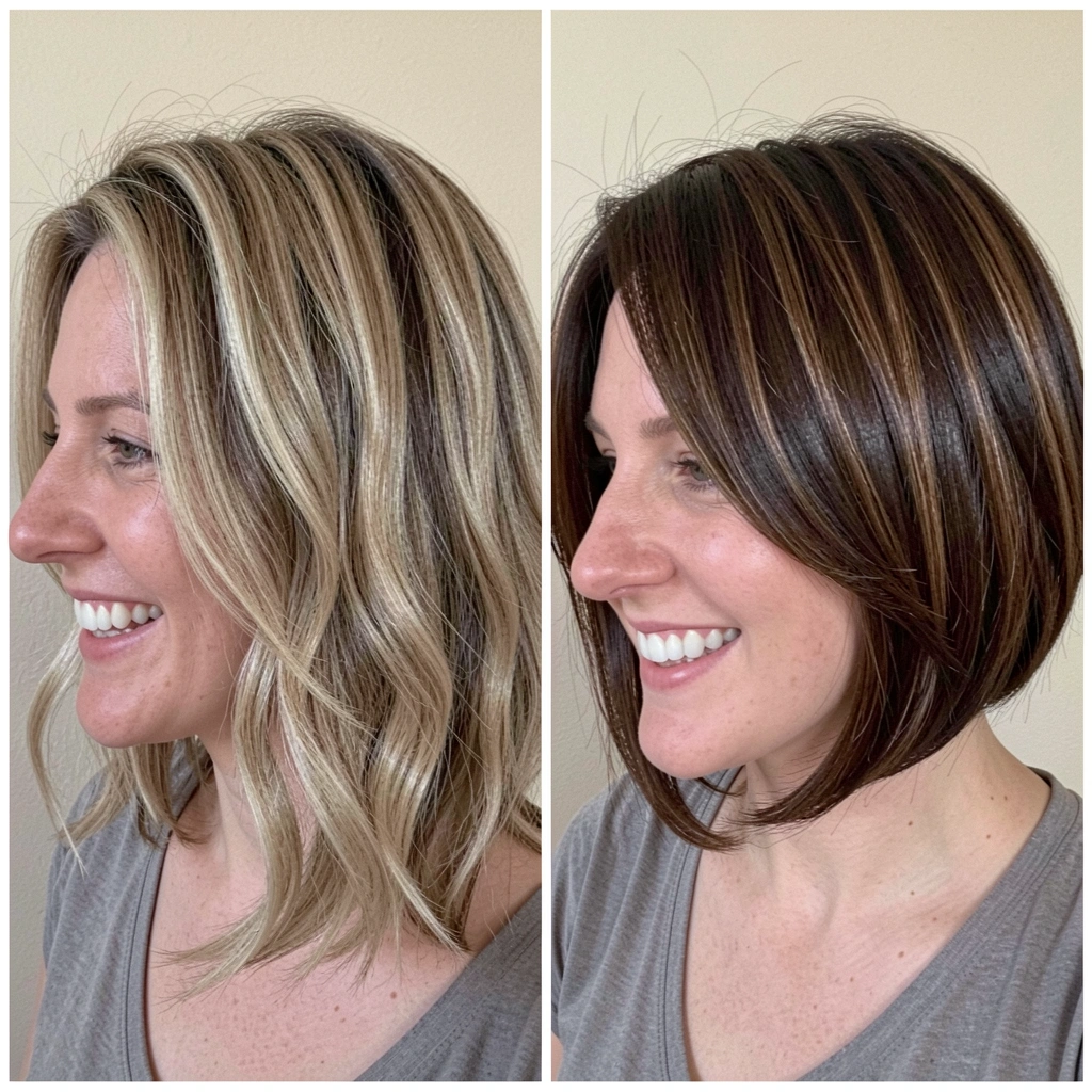 Perfil de mulher com cabelo longo bob e pontas levemente onduladas.