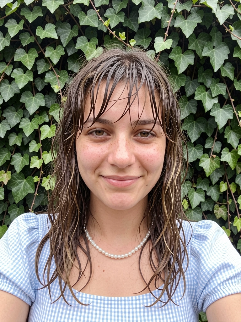Mulher jovem com cabelo médio bagunçado e franja desfiada em ambiente casual.