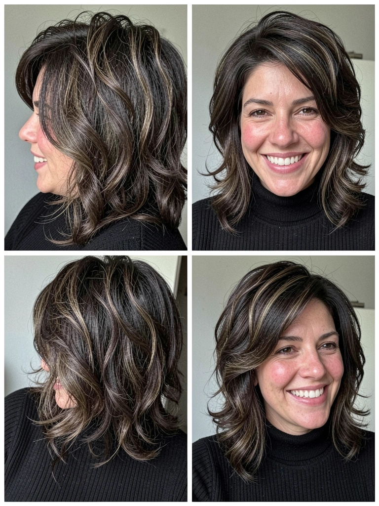Mulher de costas exibindo corte wolf com volume na coroa e pontas mais longas.