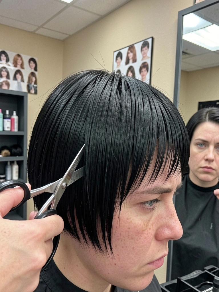 Corte jelly fish em cabelo liso preto, com camadas bem marcadas e expressão séria.