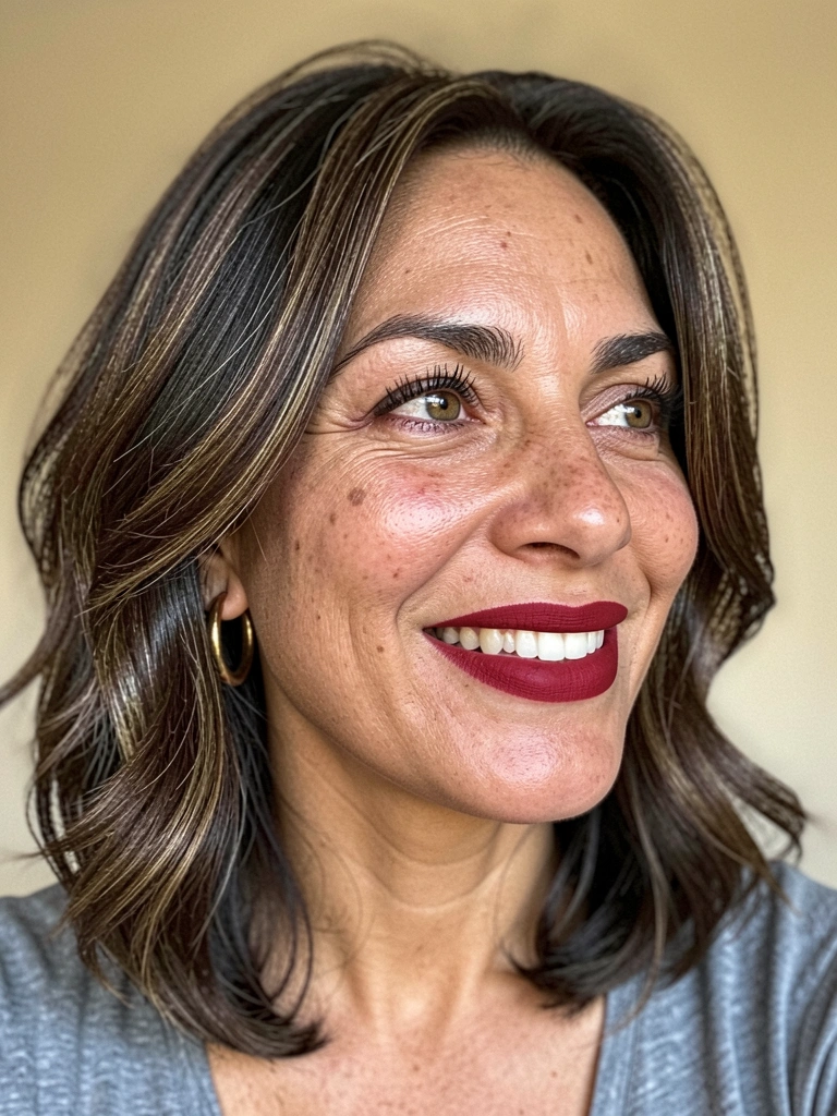 Mulher com cabelo médio repicado e ondas naturais, vestindo vestido casual, em pé.