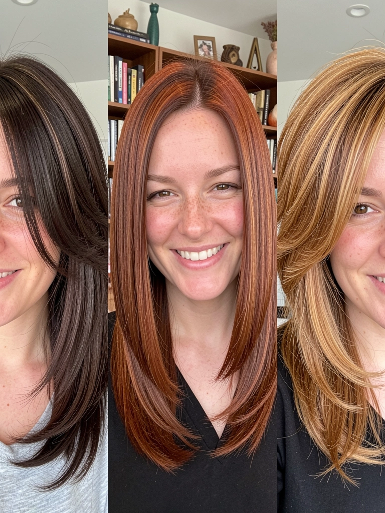 Mulher de cabelo liso e grosso em corte long bob reto, em pé em escritório com estante ao fundo.