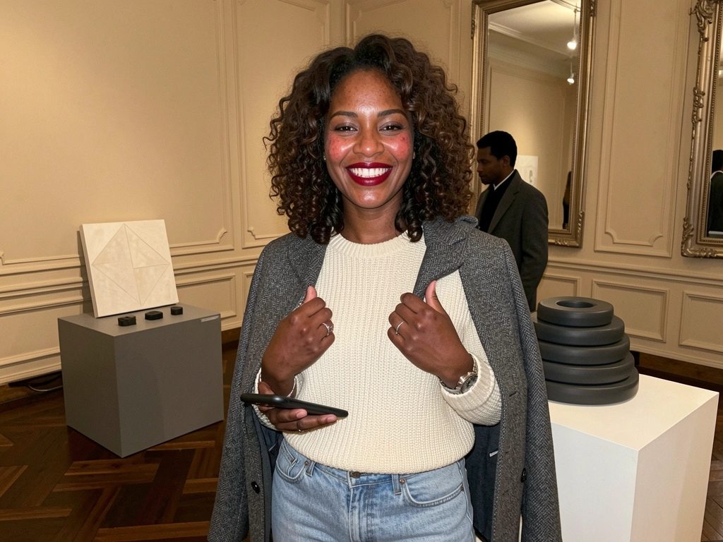 Mulher negra com cabelo cacheado volumoso em camadas sorrindo.