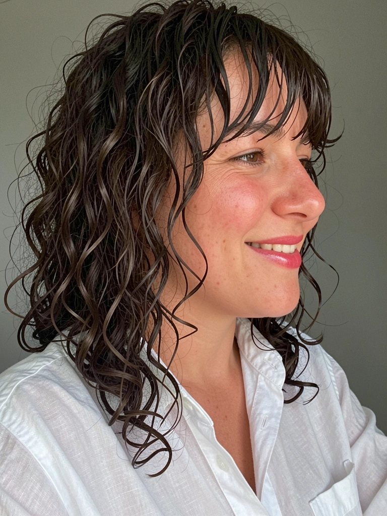 Mulher com cabelo cacheado médio, franja cortininha e batom vermelho, fundo colorido.