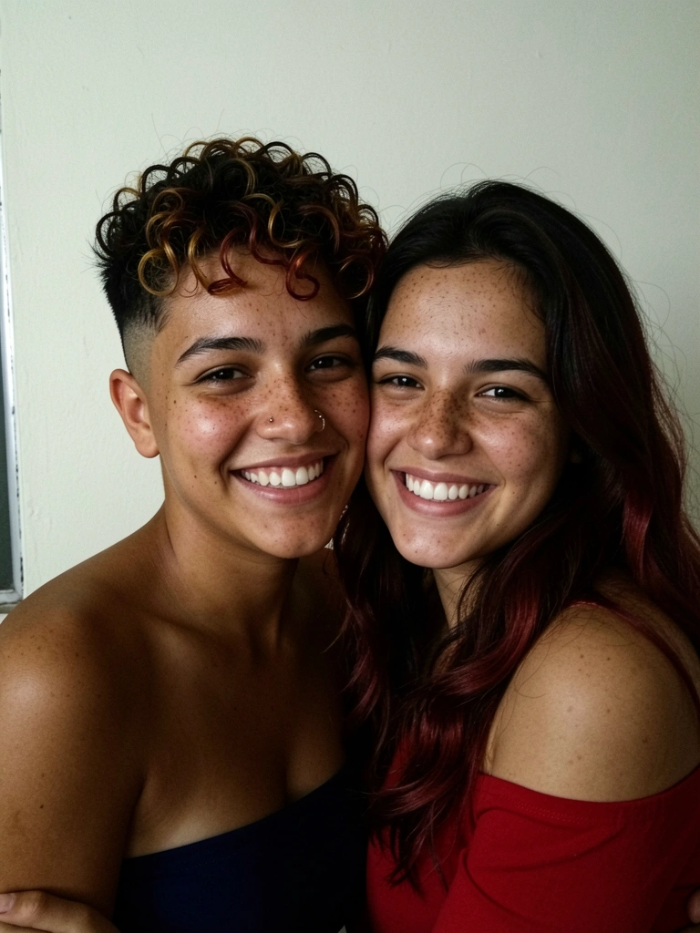 Mulher com corte pixie crespo, laterais raspadas e piercing no nariz, em fundo escuro.