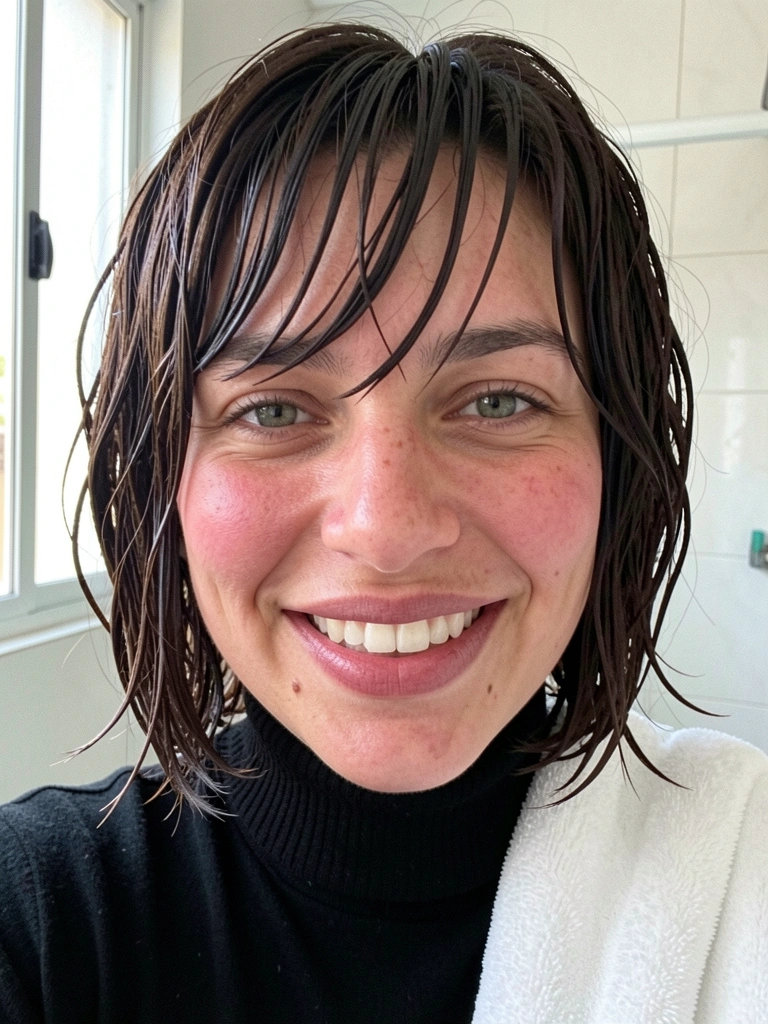 Mulher com cabelo longo bob molhado e toalha no ombro em banheiro claro.