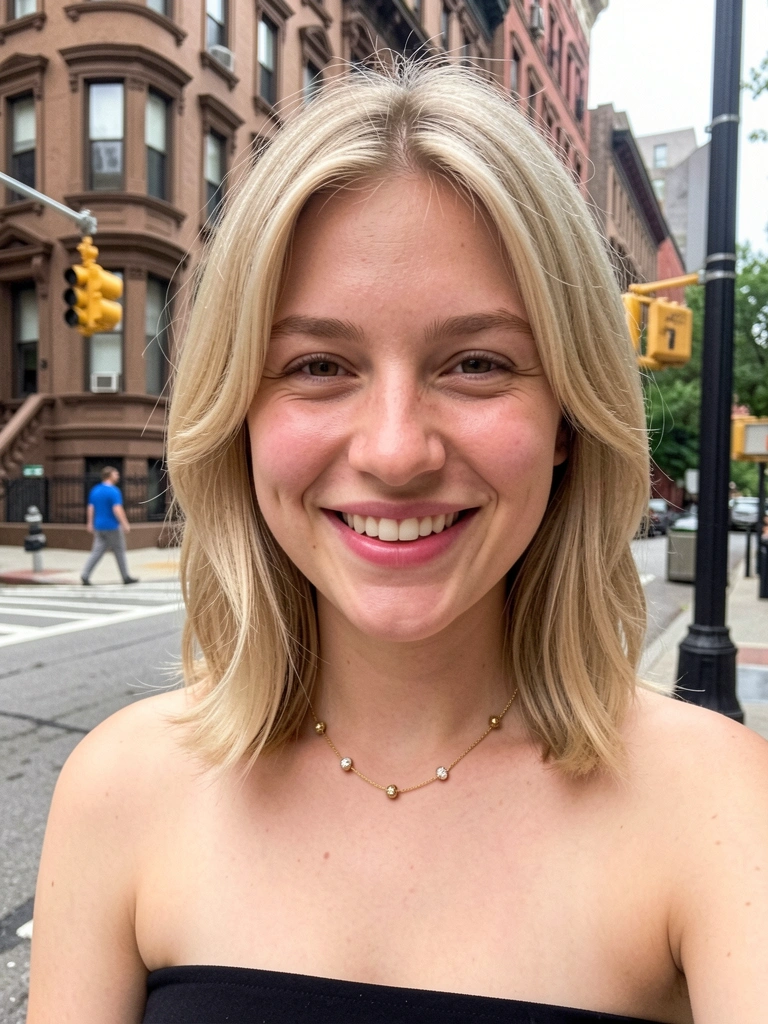 Mulher com cabelo em camadas suaves emoldurando o rosto, sorrindo contra fundo neutro claro.
