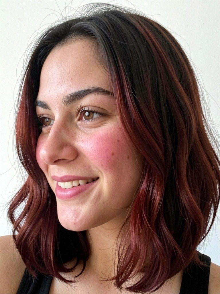 Perfil de mulher com cabelo bob longo e pontas levemente onduladas.