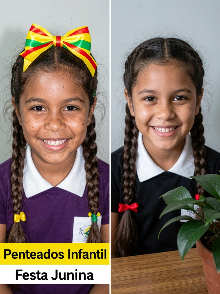 Menina com cabelos cacheados presos em marias-chiquinhas com fitas vermelhas e amarelas, sorrindo.