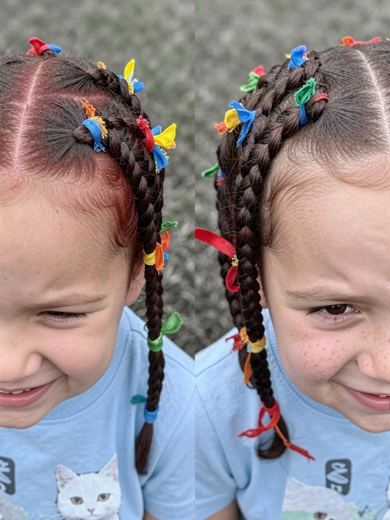 Cabelo cacheado dividido ao meio com duas marias-chiquinhas no topo da cabeça, presas com laço xadrez vermelho e branco.
