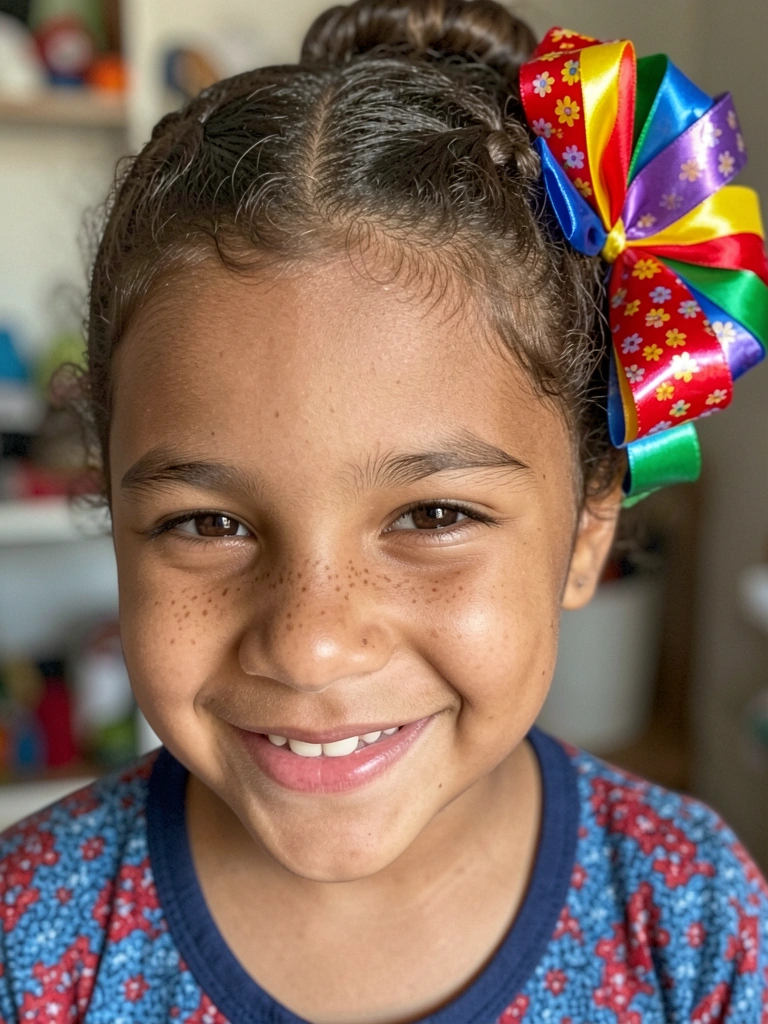 Menina com cabelos cacheados presos em maria-chiquinha lateral com fita estampada de florzinhas, sorrindo.