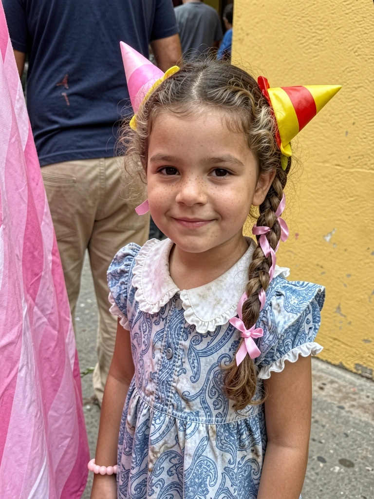 Menina com cabelo cacheado e trança embutida lateral com fitas de cetim coloridas, vestindo vestido junino.